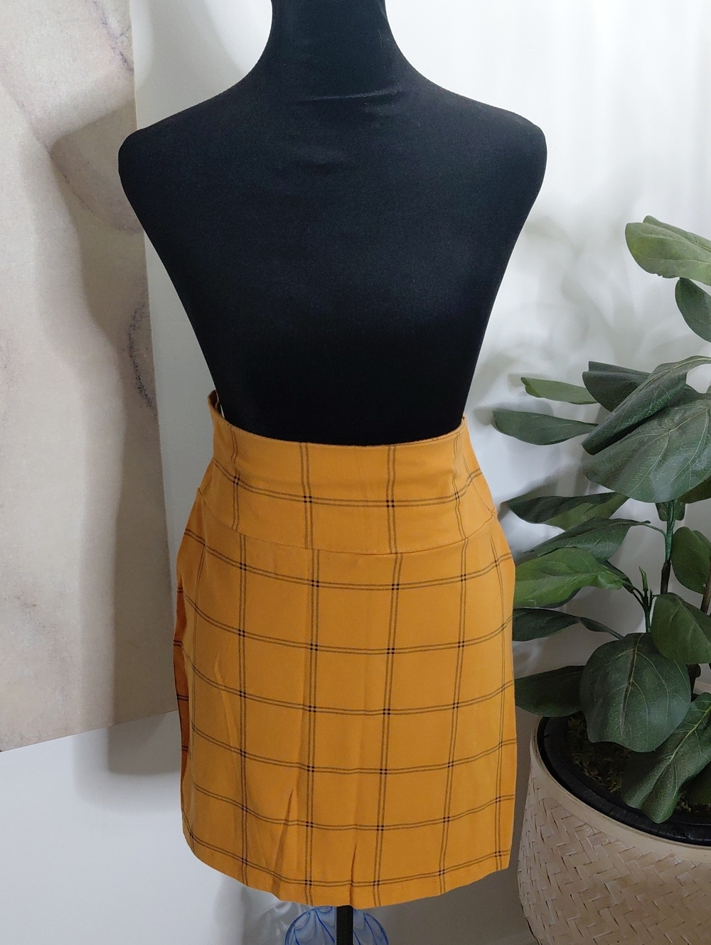 Mustard Plaid High-Waist Mini Skirt